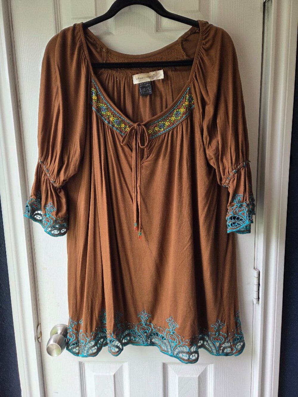 Urban Mango Womens Size Large Tunic Blouse 3/4 Sleeve Brown Turquoise